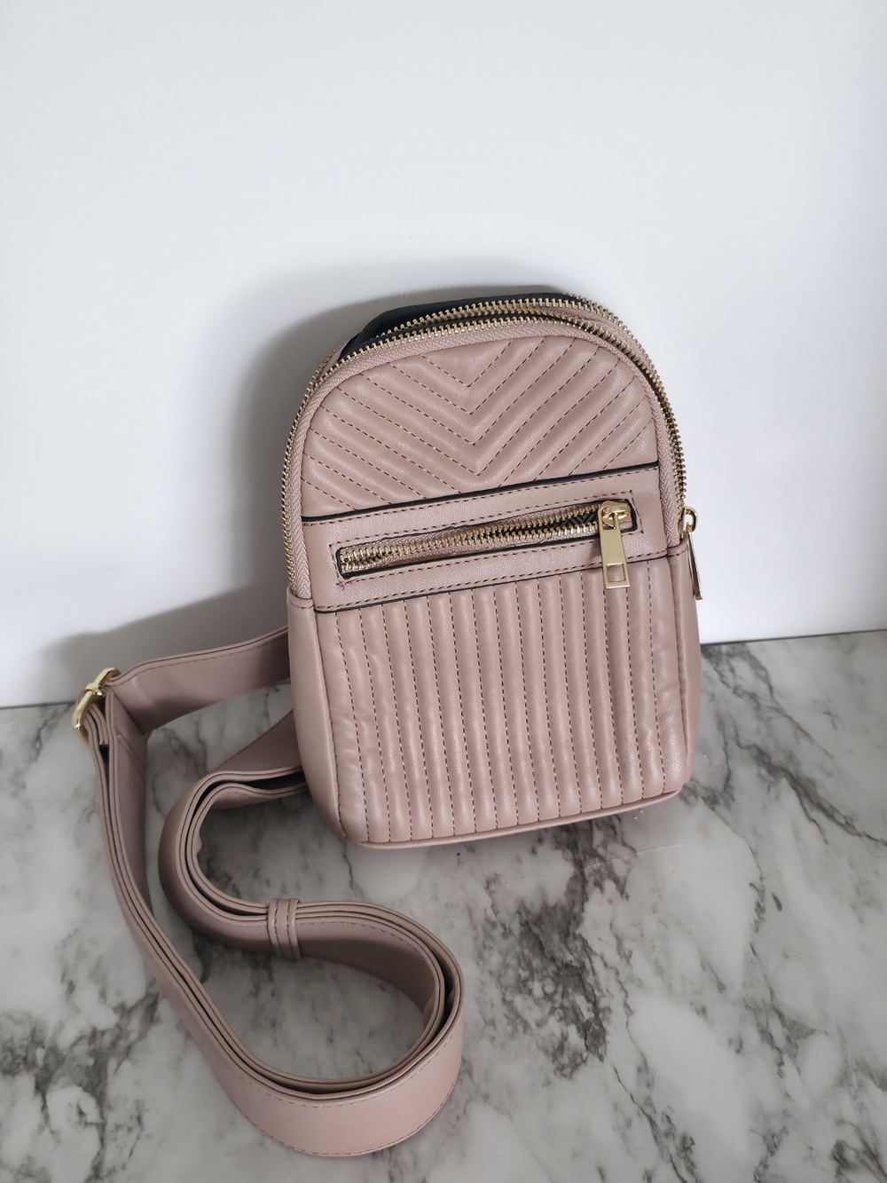 Blush Pink Quilted Mini Crossbody Bag with Gold Hardware